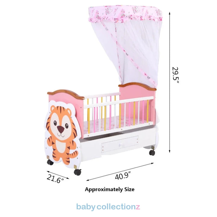 Baby Crib With Tiger Character & Covered Net, Storage