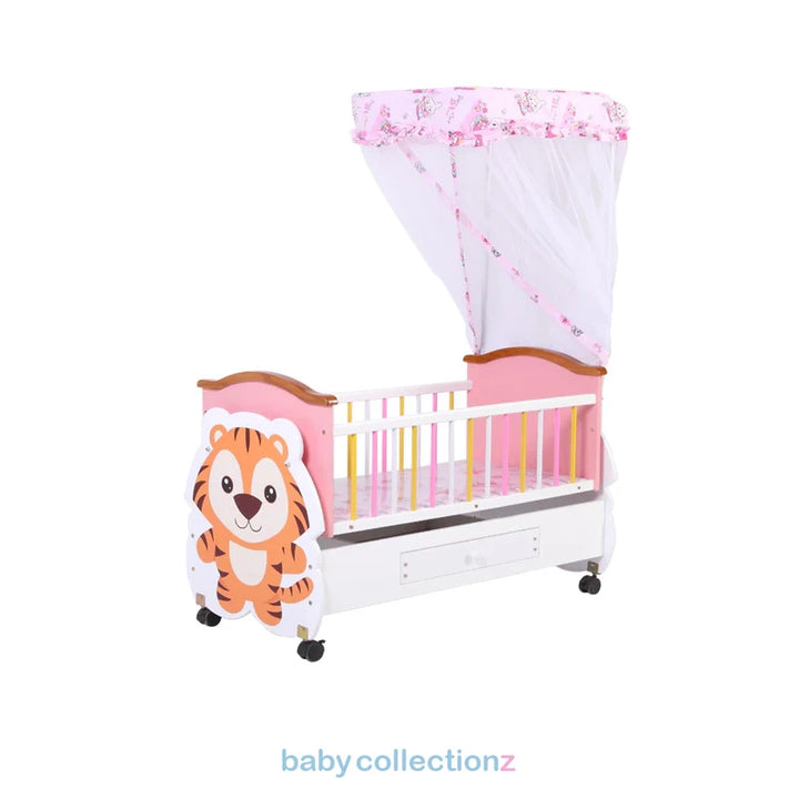 Baby Crib With Tiger Character & Covered Net, Storage