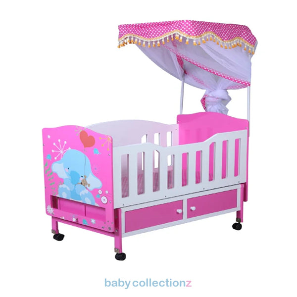 Baby Cot With Storage, Cartoon Character & Covered Net 
