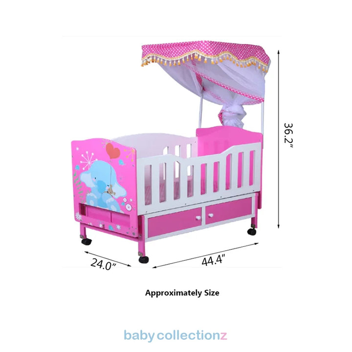 Baby Cot With Storage, Cartoon Character & Covered Net 