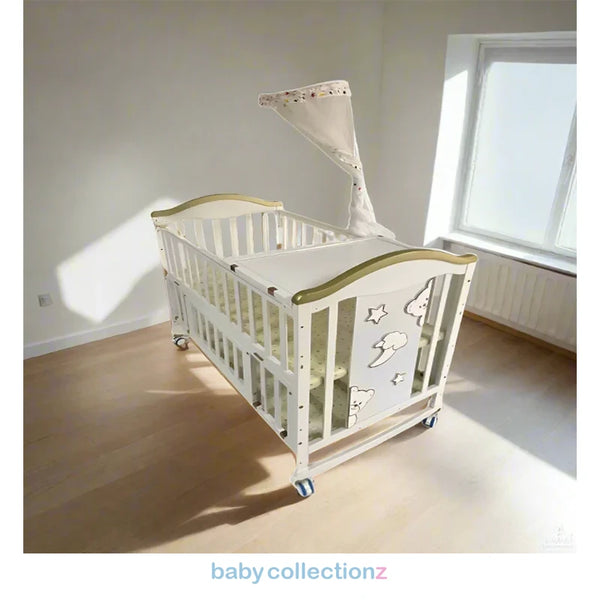 Wooden Stylish Baby Cot/Crib With Moveable Wheels & Net